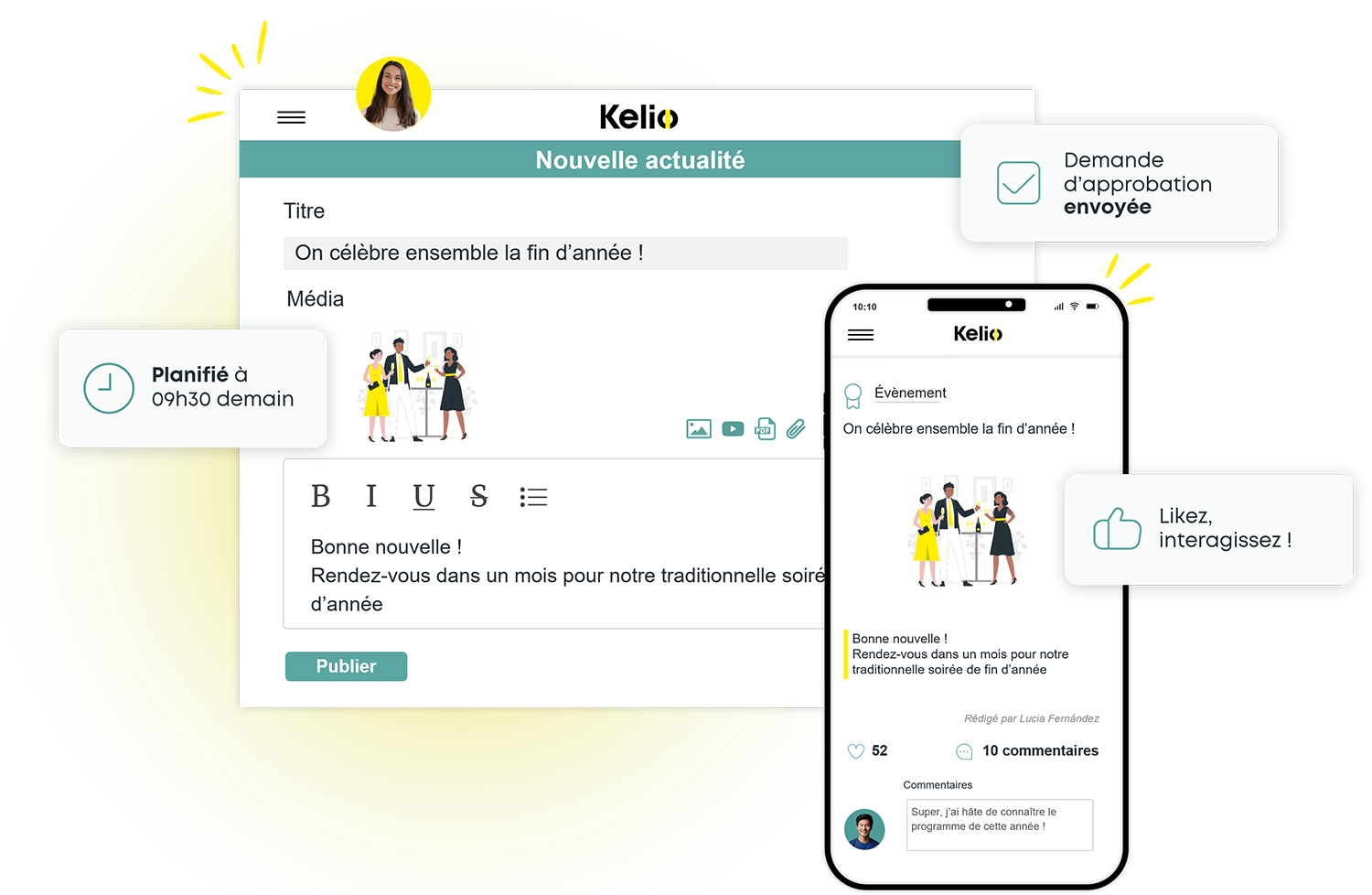 Interface Kelio pour créer et diffuser une actualité sur ordinateur et smartphone