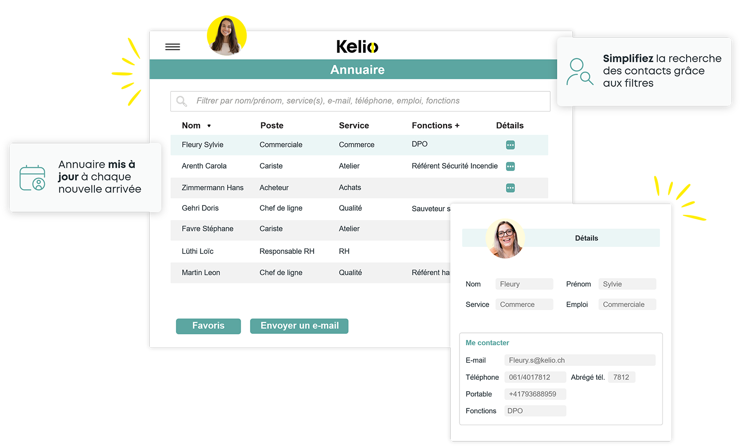Interface de l'annuaire Kelio pour rechercher par filtre les contacts des collaborateurs de l'entreprise