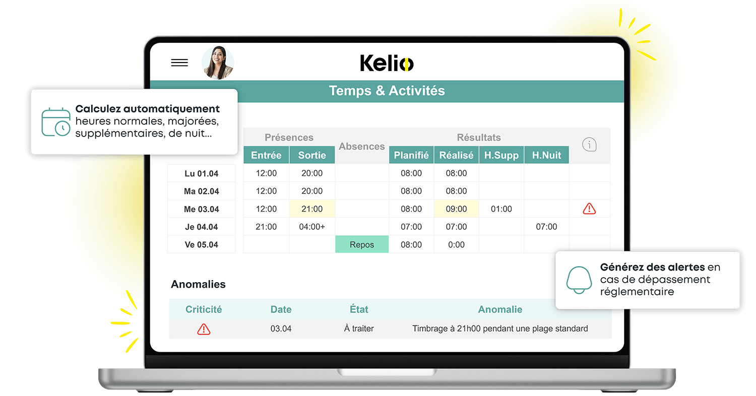 Interface Kelio de calcul automatique des horaires, timbrages et anomalies selon la LTr