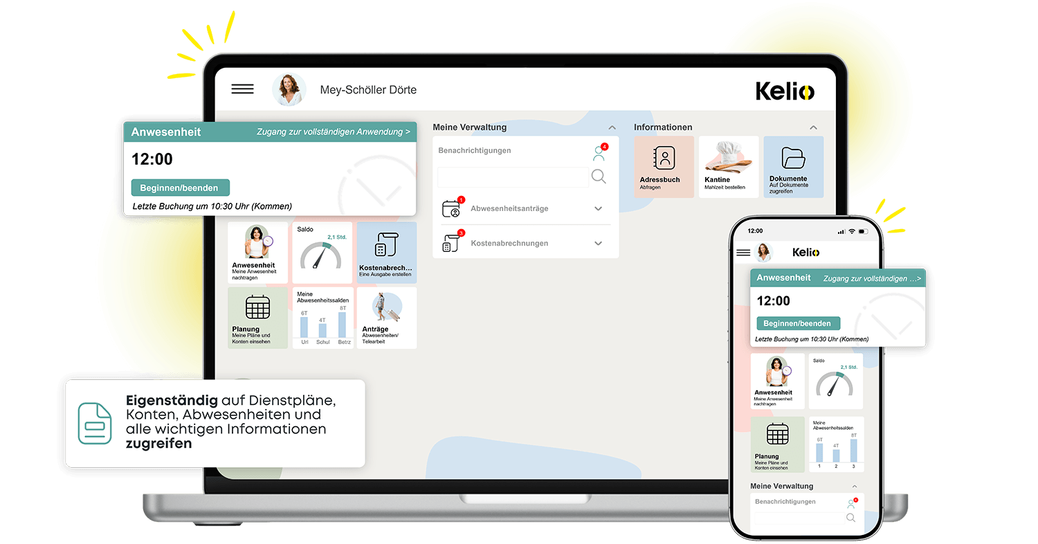 Kelio Software-Schnittstelle auf Laptop und Smartphone zur digitalen Arbeitszeiterfassung