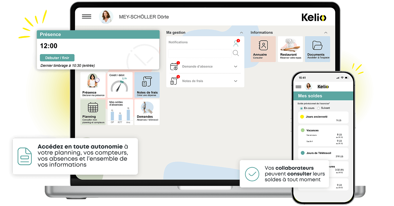 Portail collaborateur Kelio sur PC et smartphone pour le timbrage et la consultation des soldes de vacances