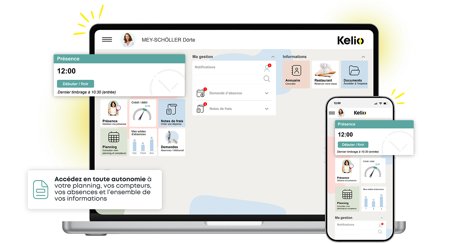 Interface du logiciel Kelio sur PC et smartphone pour la saisie décentralisée des demandes d'absence
