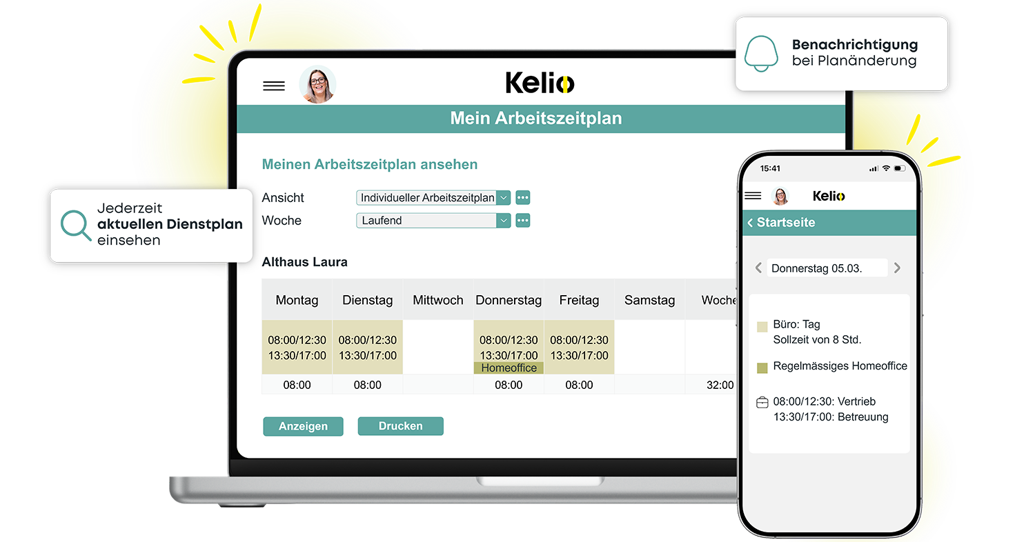 Anzeige des individuellen Dienstplans in Kelio auf dem Computerbildschirm und per Smartphone-App