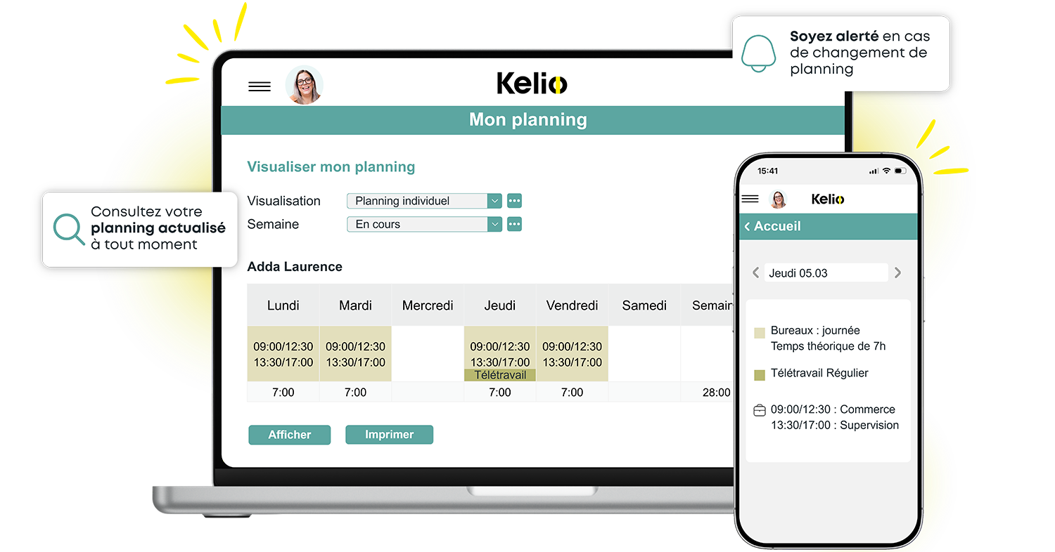 Visualisation de l'emploi du temps individuel Kelio sur écran d'ordinateur et application mobile