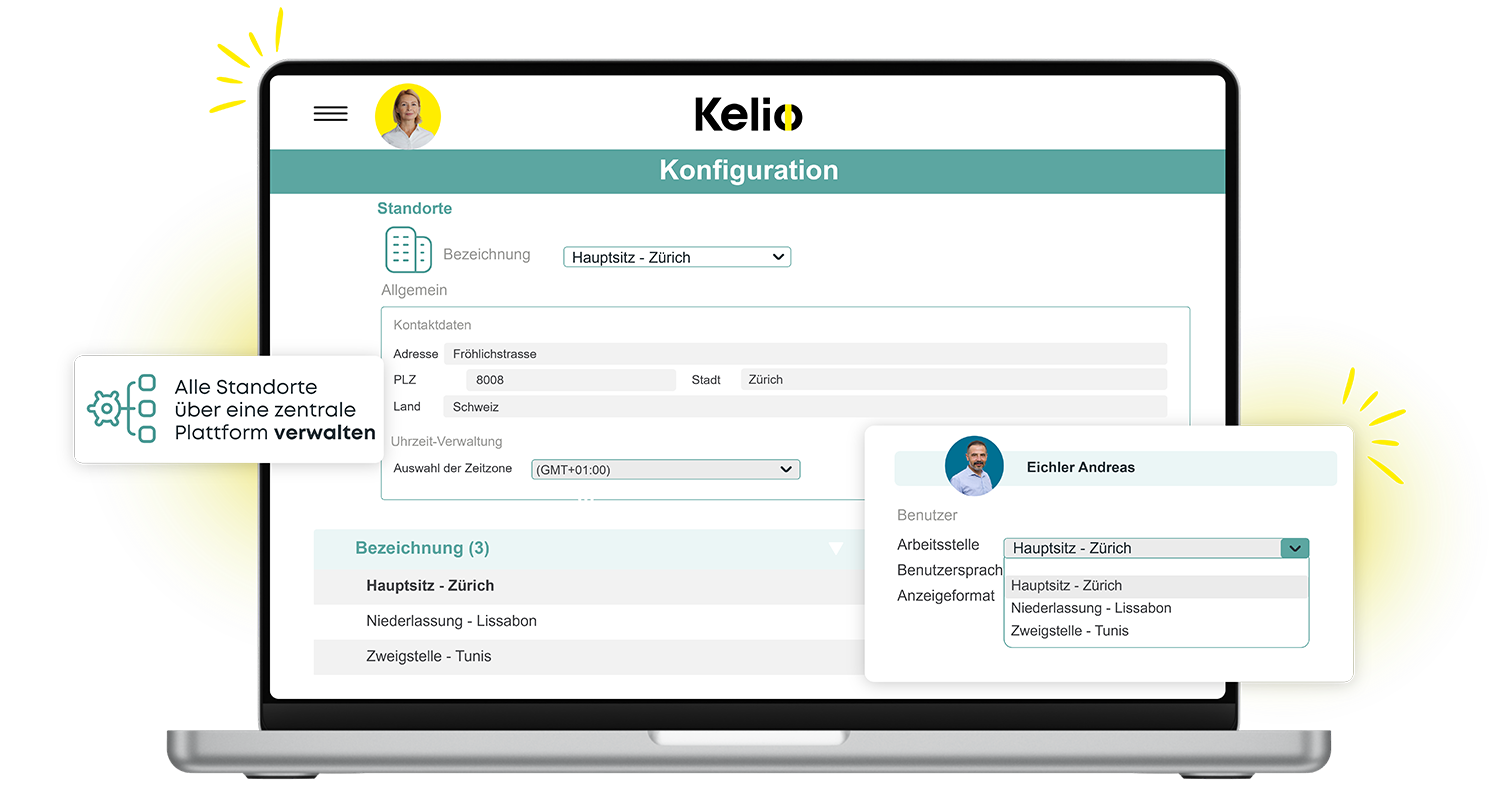 Kelio Software-Schnittstelle auf dem Laptop zur Konfiguration mehrerer Standorte in der Schweiz
