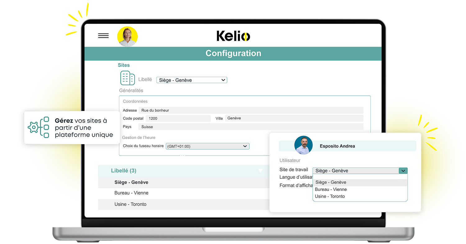Interface de configuration Kelio sur laptop pour la planification multi-sites en Suisse