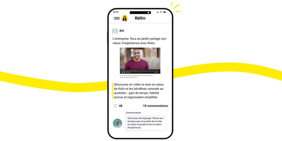 Portail Kelio mode réseau social : actualités, témoignages et interactions (likes, commentaires) des salariés