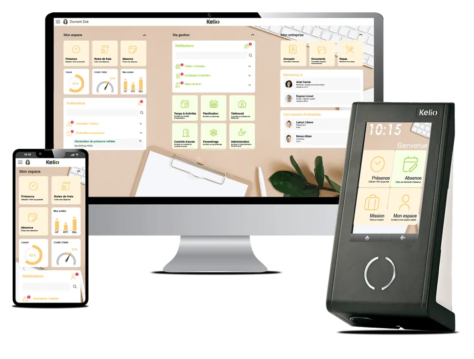 Aperçu du terminal Kelio Visio X7, de l'application smartphone et de la pointeuse virtuelle sur PC