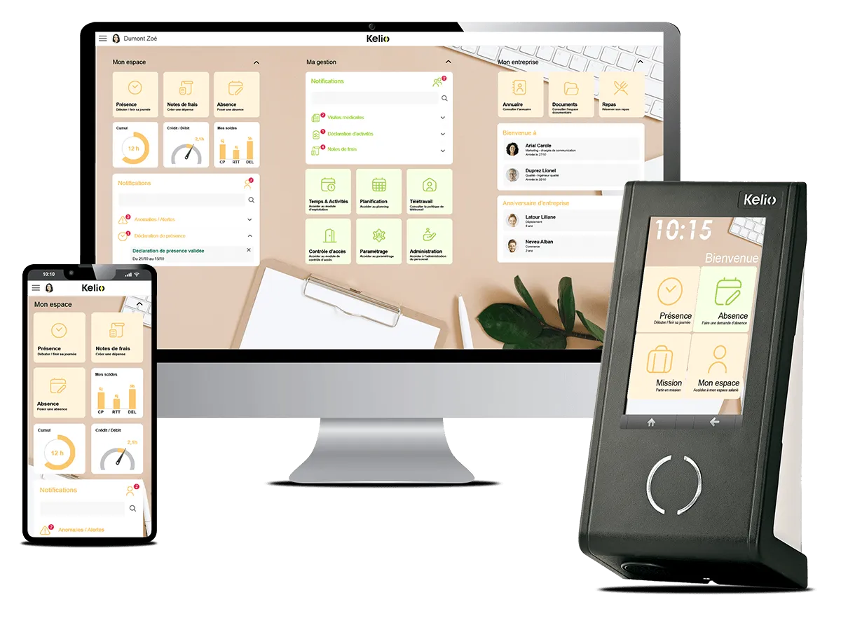 Terminal de timbrage, interface écran PC et application mobile pour la saisie des temps Kelio